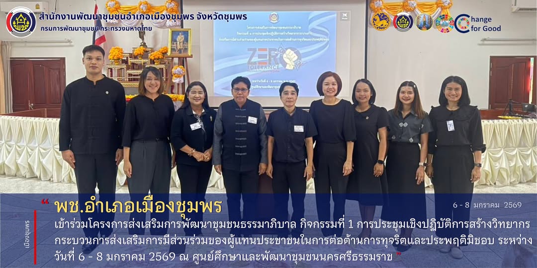 พช.เมืองชุมพร เข้าร่วมโครงการส่งเสริมการพัฒนาชุมชนธรรมาภิบาล กิจกรรมที่ 1 การประชุมเชิงปฏิบัติการสร้างวิทยากรกระบวนการส่งเสริมการมีส่วนร่วมของผู้แทนประชาชนในการต่อต้านการทุจริตและประพฤติมิชอบ ระหว่างวันที่ 6 - 8 มกราคม 2569 ณ ศูนย์ศึกษาและพัฒนาชุมชนนครศรีธรรมราช