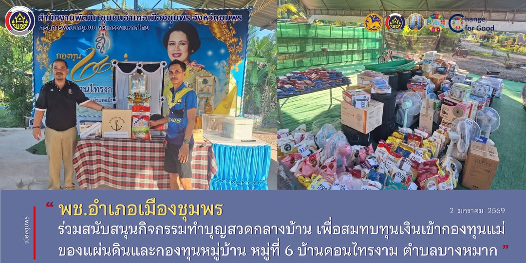พช.เมืองชุมพร ร่วมสนับสนุนกิจกรรมทำบุญสวดกลางบ้าน เพื่อสมทบทุนเงินเข้ากองทุนแม่ของแผ่นดินและกองทุนหมู่บ้าน หมู่ที่ 6 บ้านดอนไทรงาม ตำบลบางหมาก