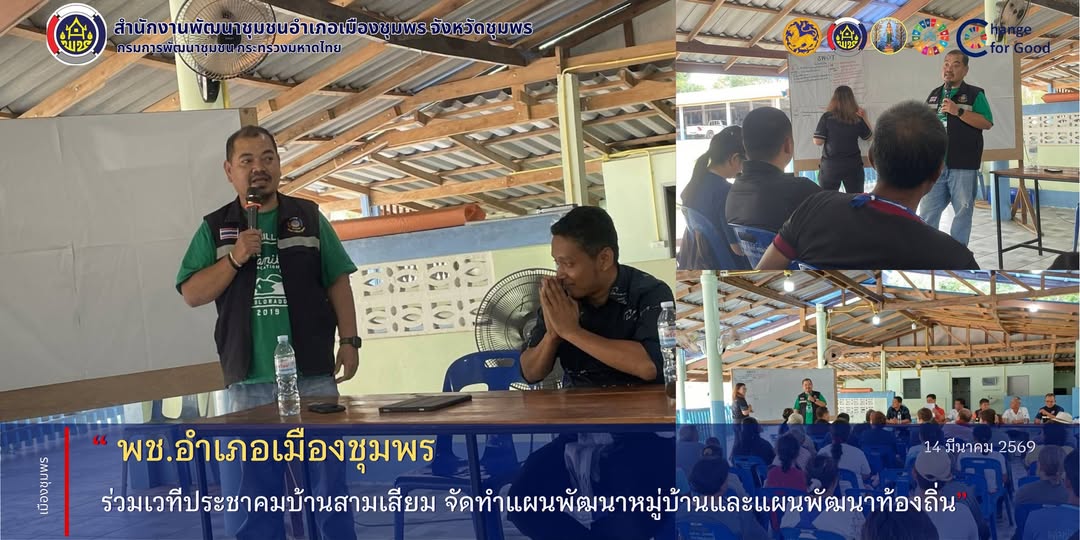 พช.เมืองชุมพร  เข้าร่วมการประชุมประชาคมหมู่บ้านบ้านสามเสียม ตำบลนาชะอัง เพื่อร่วมในกระบวนการจัดทำแผนพัฒนาหมู่บ้านและแผนพัฒนาท้องถิ่น ส่งเสริมการมีส่วนร่วมของประชาชนในการกำหนดทิศทางการพัฒนาชุมชน