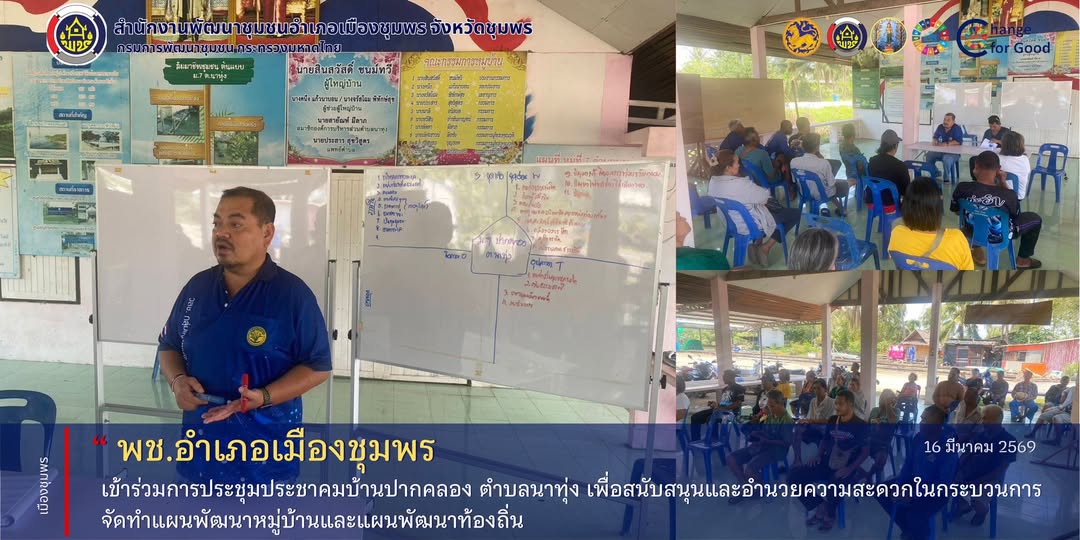 พช.เมืองชุมพร  เข้าร่วมการประชุมประชาคมบ้านปากคลอง ตำบลนาทุ่ง เพื่อสนับสนุนและอำนวยความสะดวกในกระบวนการจัดทำแผนพัฒนาหมู่บ้านและแผนพัฒนาท้องถิ่น