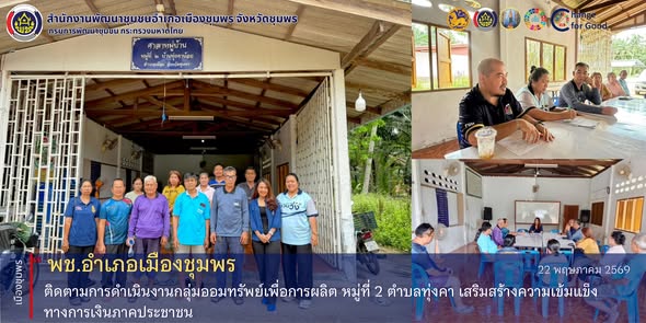 พช.เมืองชุมพร  ติดตามการดำเนินงานกลุ่มออมทรัพย์เพื่อการผลิต หมู่ที่ 2 ตำบลทุ่งคา เสริมสร้างความเข้มแข็งทางการเงินภาคประชาชน