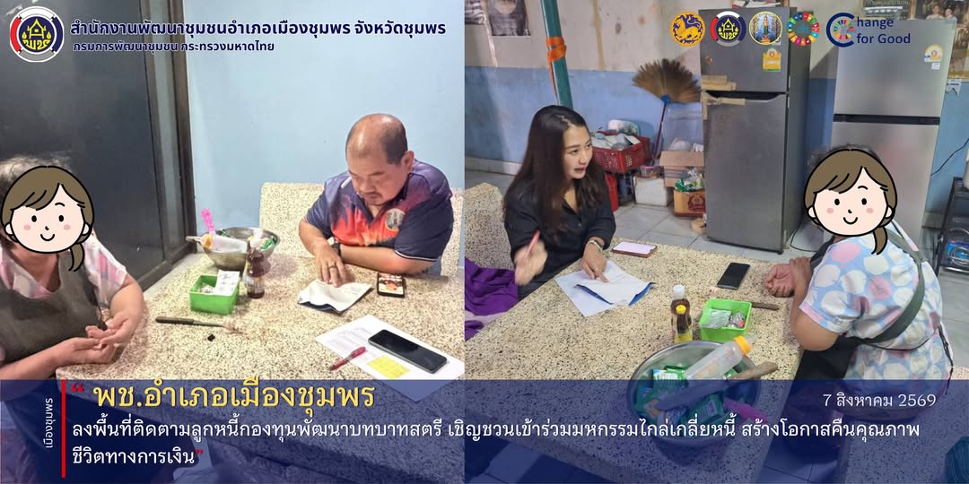 พช.เมืองชุมพร ลงพื้นที่ติดตามลูกหนี้กองทุนพัฒนาบทบาทสตรี เชิญชวนเข้าร่วมมหกรรมไกล่เกลี่ยหนี้ สร้างโอกาสคืนคุณภาพชีวิตทางการเงิน