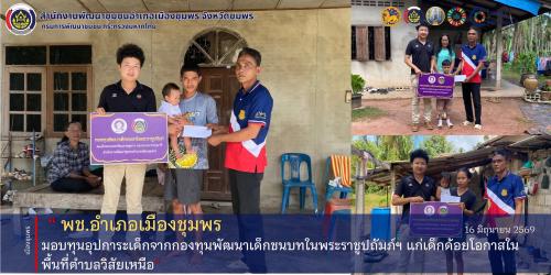 พช.เมืองชุมพร พช.เมืองชุมพร มอบทุนอุปการะเด็กจากกองทุนพัฒนาเด็กชนบทในพระราชูปถัมภ์ฯ แก่เด็กด้อยโอกาสในพื้นที่ตำบลวิสัยเหนือ