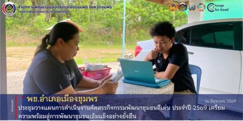 พช.เมืองชุมพร ประชุมวางแผนการดำเนินงานคัดสรรกิจกรรมพัฒนาชุมชนดีเด่น ประจำปี 2569 เตรียมความพร้อมสู่การพัฒนาชุมชนเข้มแข็งอย่างยั่งยืน