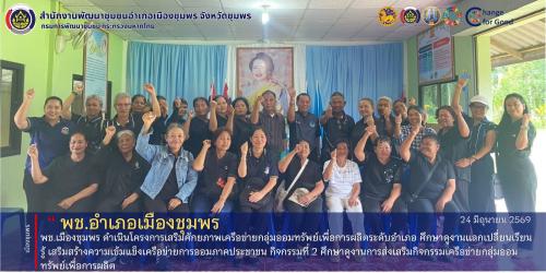 พช.เมืองชุมพร ดำเนินโครงการเสริมศักยภาพเครือข่ายกลุ่มออมทรัพย์เพื่อการผลิตระดับอำเภอ ศึกษาดูงานแลกเปลี่ยนเรียนรู้ เสริมสร้างความเข้มแข็งเครือข่ายการออมภาคประชาชน กิจกรรมที่ 2 ศึกษาดูงานการส่งเสริมกิจกรรมเครือข่ายกลุ่มออมทรัพย์เพื่อการผลิต